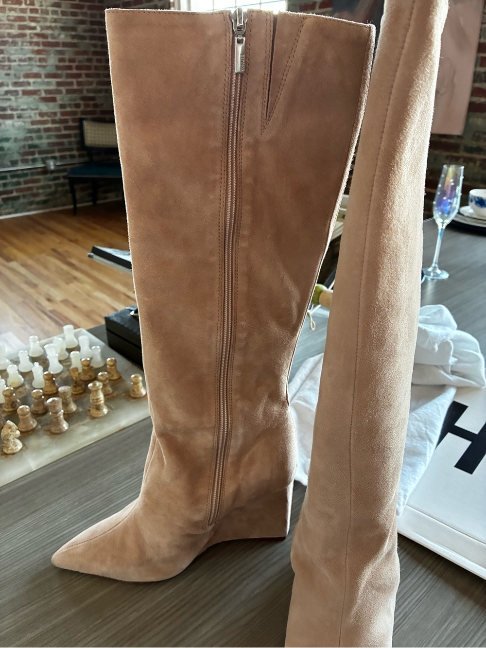 Schutz Women's Knee-High Suede Wedge Boots - Tan - Picture 5 of 5